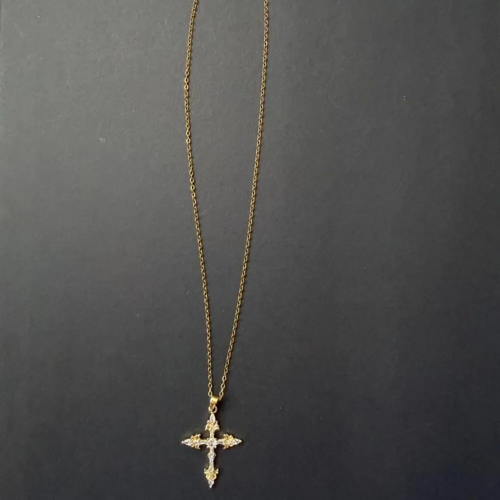 Gold Tone Cross Pendant Necklace | CZ Rhinestones | Adjustable